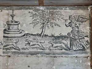 Engel Gabriel jagt mit den Hunden Fides, Spesund Caritas ein Einhorn