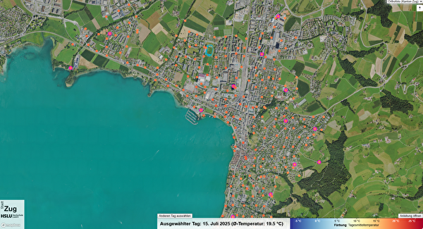 Dank einem dichten Netz von 300 Temperatursensoren verfügt die Stadt Zug neu über eine umfassende Datengrundlage zur lokalen Temperaturverteilung. 