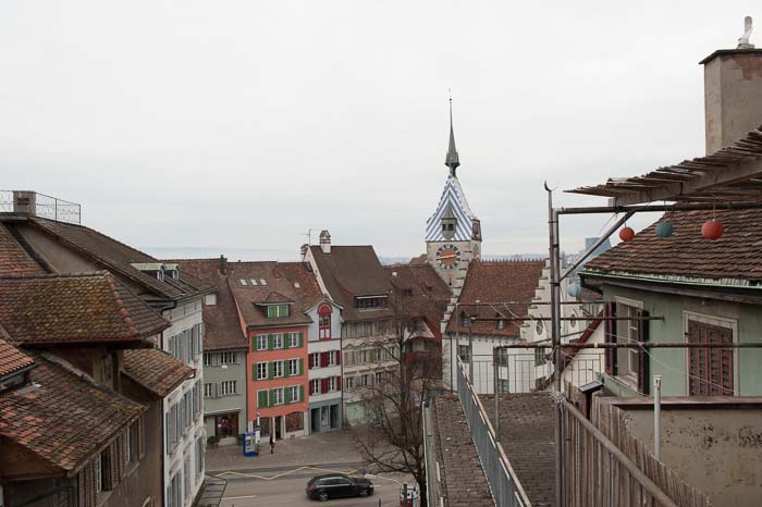19. Februar 14: Blick vom Balkon zum Zytturm.