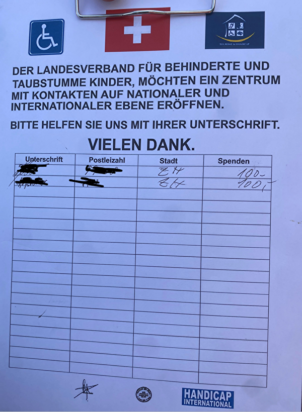 gefälschtes Formular öffentliche Sammlungen für den Landesverband für Behinderte und taubstumme Kinder