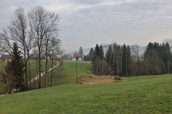 Blick von der Bächlistrasse Richtung zukünftiger Retentionsweiher (bräunliche Geländemulde)