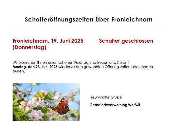 Schalteröffnungszeiten über Fronleichnam
