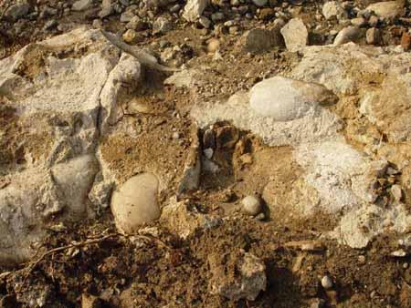 12. Oktober 2004: Hier wurde die Jahrhunderte alte Methode des Fundamentbaus angewandt: In die ausgehobene Baugrube legte man grosse Kieselsteine, übergoss sie mit Mörtel, legte weitere Kiesel hinein und übergoss auch diese. So wuchs das Fundament einer Mauer bis zum Grubenrand hoch.