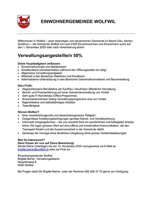 Stelleninserat Verwaltungsangestellte/n 50%