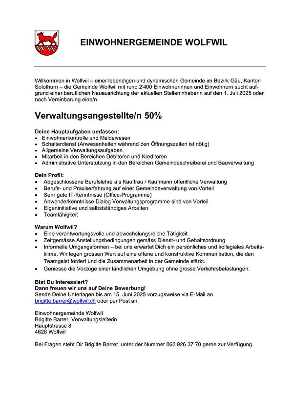 Stelleninserat Verwaltungsangestellte/n 50%