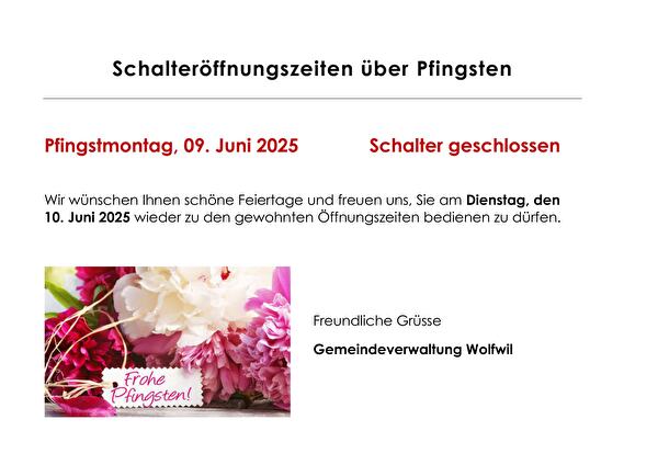 Schalteröffnungszeiten über Pfingsten