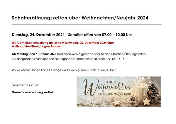 Schalteröffnungszeiten über Weihnachten/Neujahr