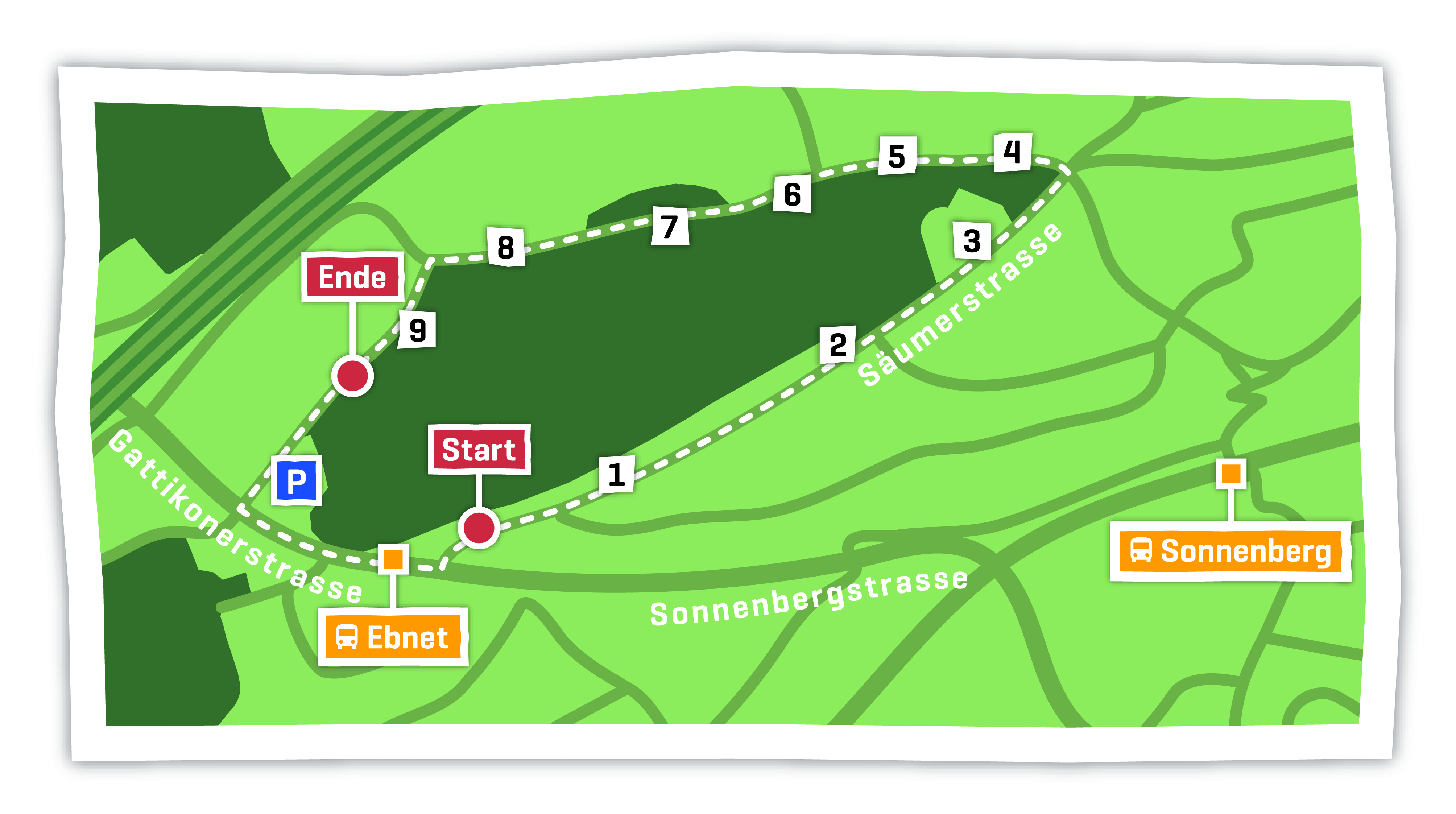 Der Smarttrail führt rund um den Tälegg-Hügel. Ausganspunkt ist die Bushaltestelle Ebnet.