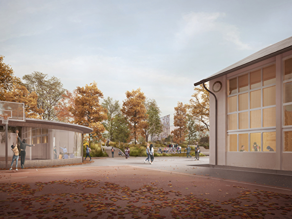 Visualisierung: Der Aussensportplatz des Schulhauses Feld bleibt erhalten, darunter entsteht eine neue Doppelturnhalle. Ein Pavillon (links) dient als Zugang. 