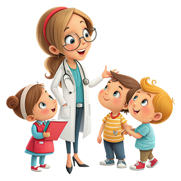 Animationsbild Ärztin mit Kleinkindern um sich