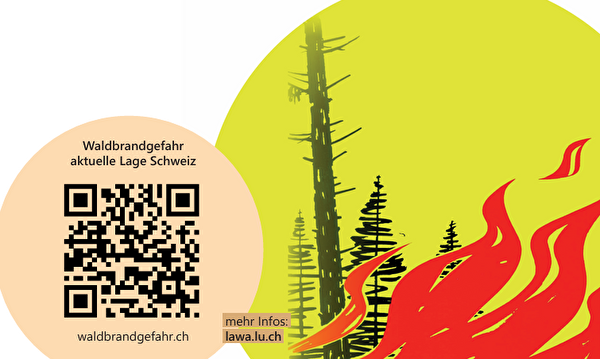 Bild Waldbrandgefahr, plus QR Code www.waldbrandgefahr.ch