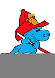 Das Bild zeigt einen blauen Drachen, der einen Feuerwehrschlauch in den Händen hält