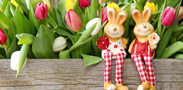 Zwei Osterhasen aus Stein sitzen vor Tulpenbeet