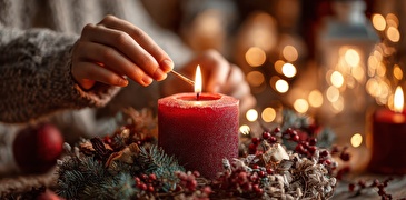 Weibliche Person zündet eine rote Kerze an