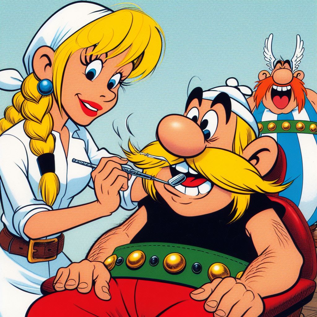 Asterix bei der Zahnärztin. Obelix lacht im Hintergrund.