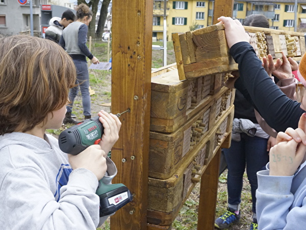 Die SuS des Schulhauses Glärnisch bauen ein Wildbienenhaus während der Projektwoche.