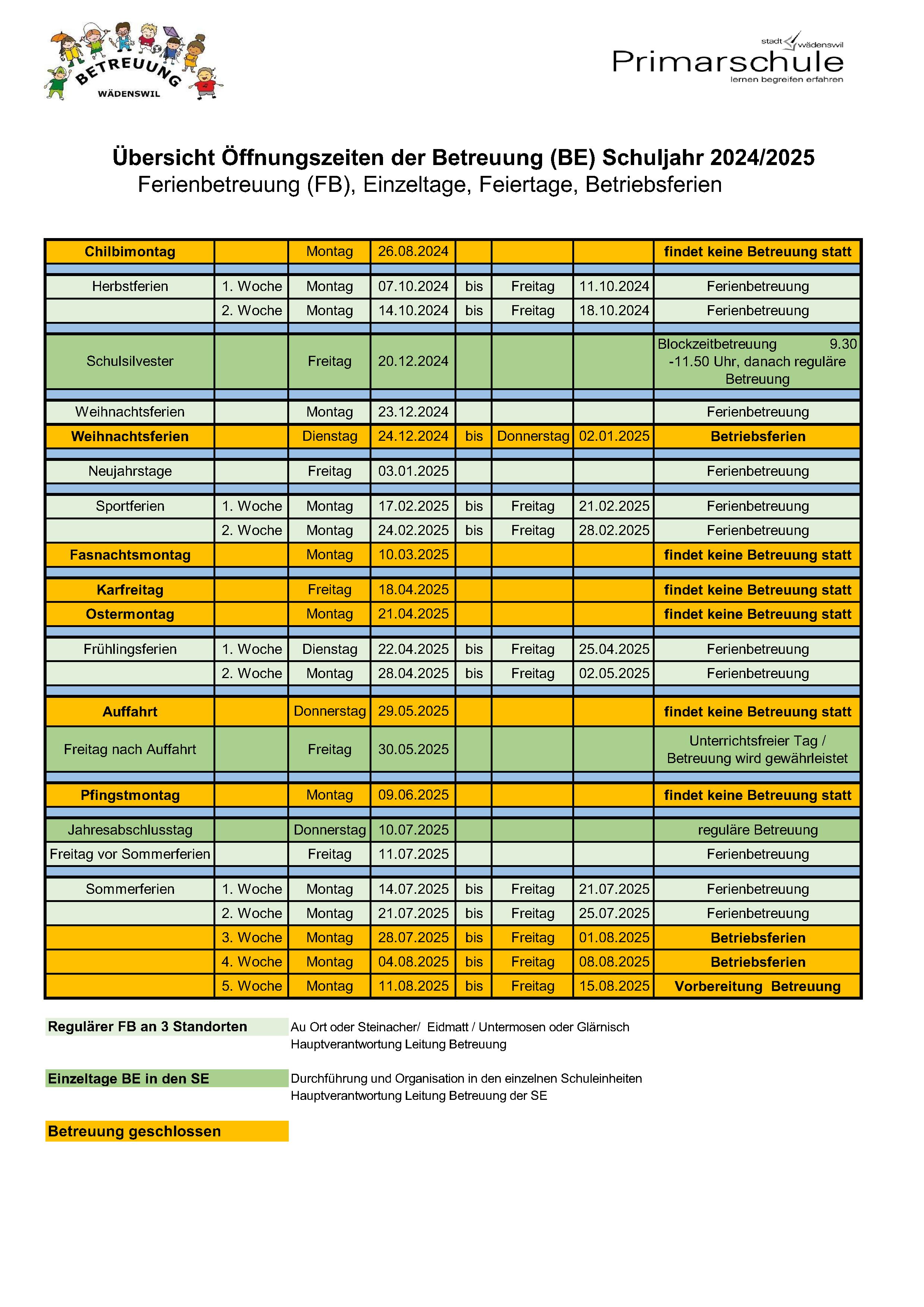 Öffnungstage Betreuung 24-25