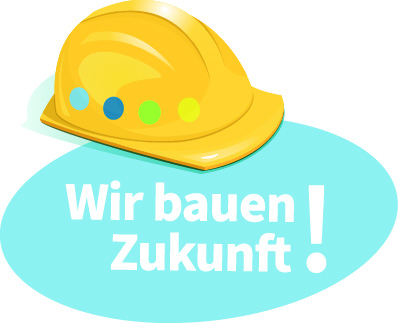 Bauhelm mit Logo und Aufschrift: Wir bauen Zukunft!