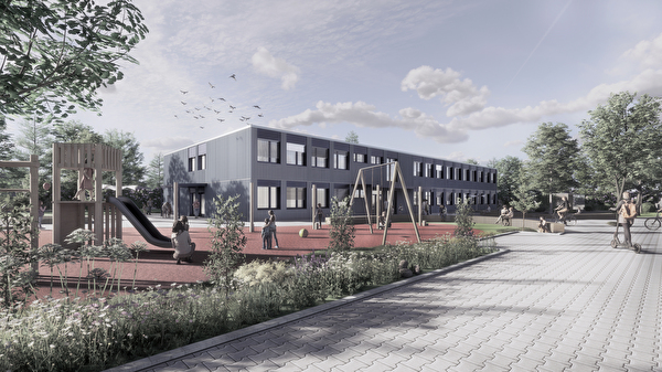 Auf dem Bild ist die Visualisierung des temporären Schulhauses auf der Schulanlage Sonnenberg zu sehen.