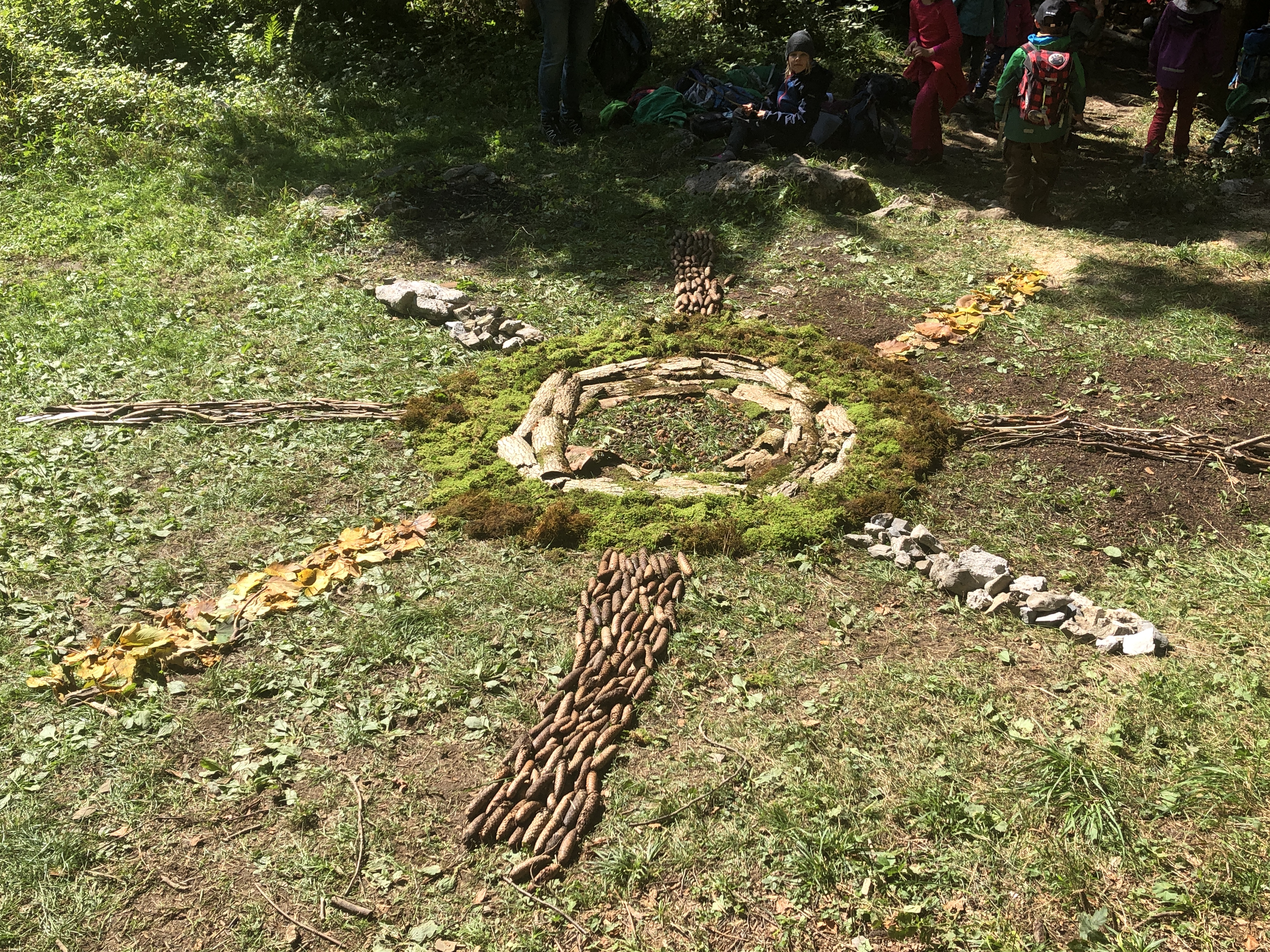 Mit den gesammelten Naturmaterialien legten die Klassen gemeinsam ein dekoratives Mandala auf den Waldboden.