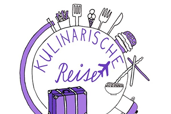 Violetter Schriftzug - Kulinarische Reise - in Form einer runden Weltkugel