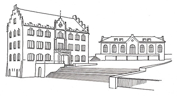 Schulhaus mit Treppen, Turnhalle und Burgbachsaal