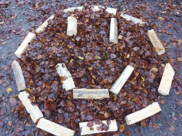 lachender Smiley aus Holzstücken auf braunem Laub