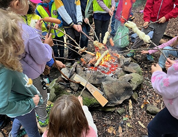Kinder bräteln im Wald