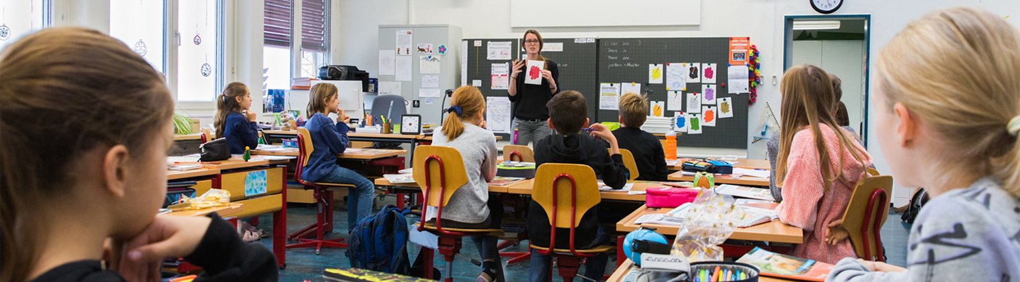 Klasse von hinten, Schüler sitzen in den Bänken, Lehrperson erklärt einen Auftrag