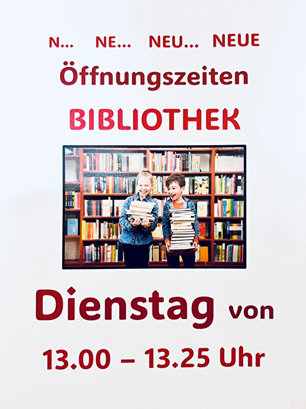 Die Bibliothek ist am Dienstag von 13.00-13.25 Uhr offen für die Schulkinder.