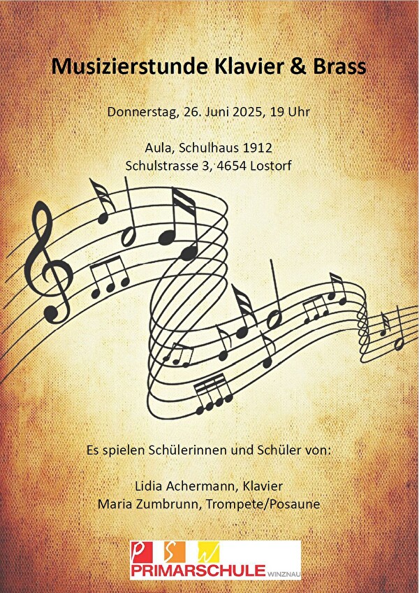 Konzerteinladung Klavier und Brass in der Aula Schulhaus 1912 in Lostorf