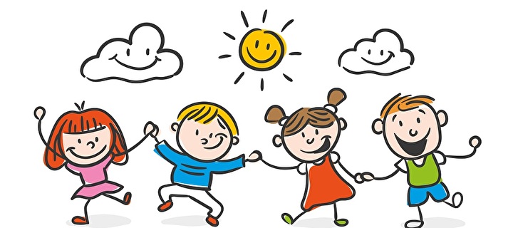 Tanzende, lachende Kinder mit Sonne und Wolken