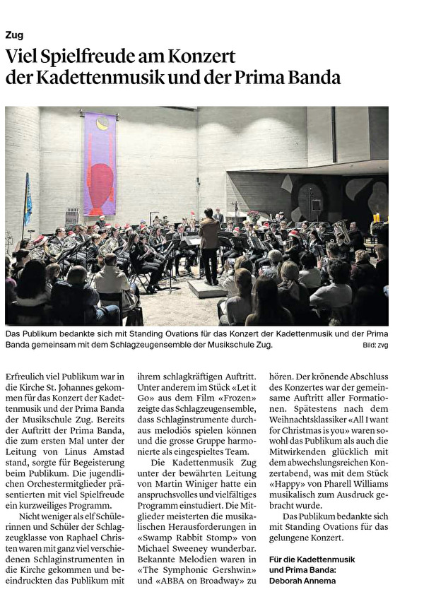 Zeitungsartikel Konzert Kadettenmusik und Prima Banda