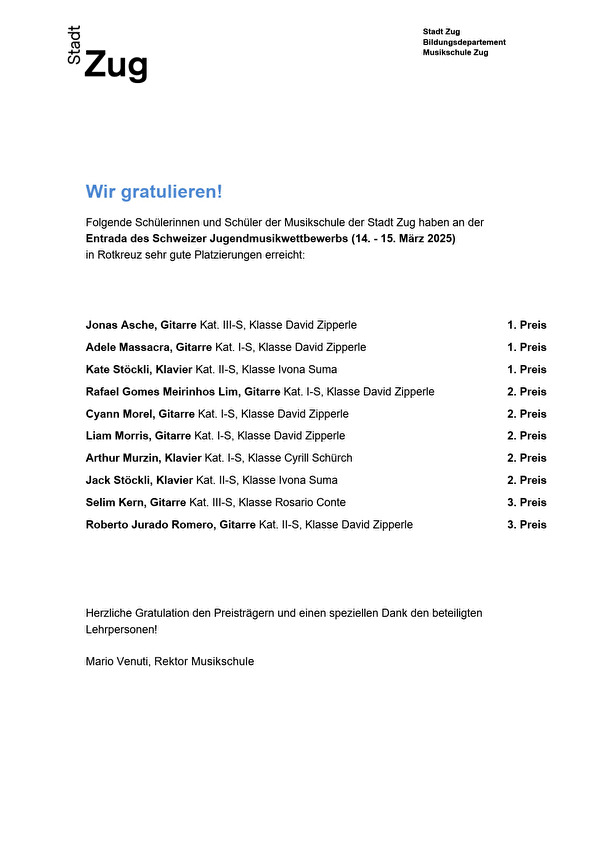 Resultate Entrada Wettbewerb