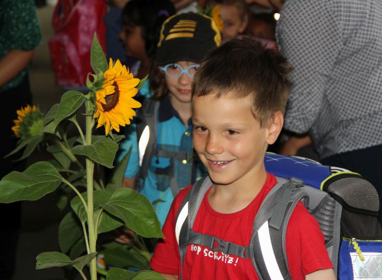 ... 1./2.Klass-Lehrpersonen übergaben den Neuankömmlingen eine Sonnenblume als Willkommensgruss.