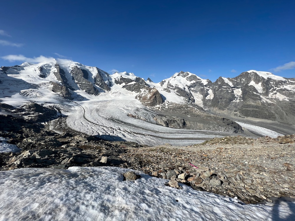 Aussicht von der Diavolezza mit Piz Palü, Piz Bernina und Pia Morteratsch