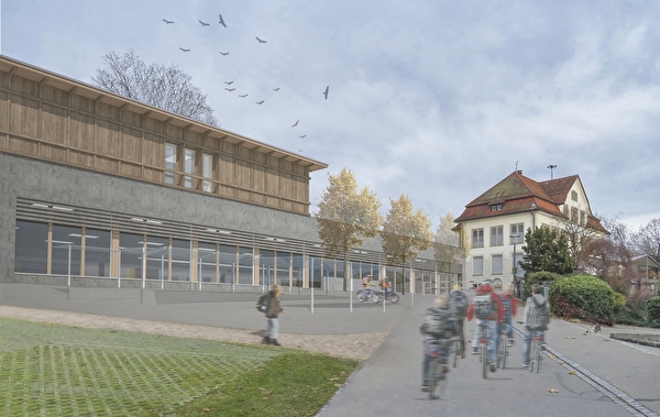 Visualisierung der neuen Sporthalle mit Holzaufbau für Schulräume. Rechts das altehrwürdige Schulhaus Sunneberg, dessen prägender Charakter erhalten bleibt.