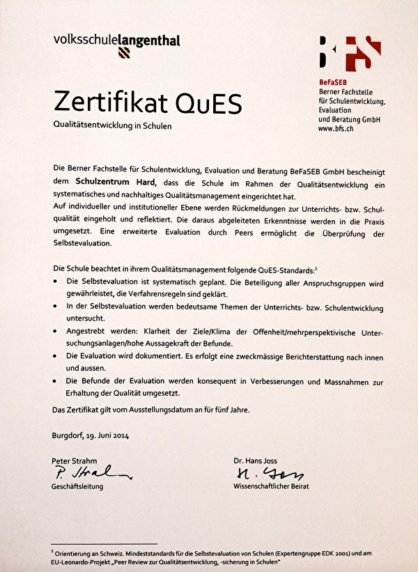 QuES-Zertifikat Schulzentrum Hard