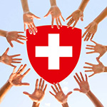Schweizer Wappen mit ausgestreckten Händen rundum