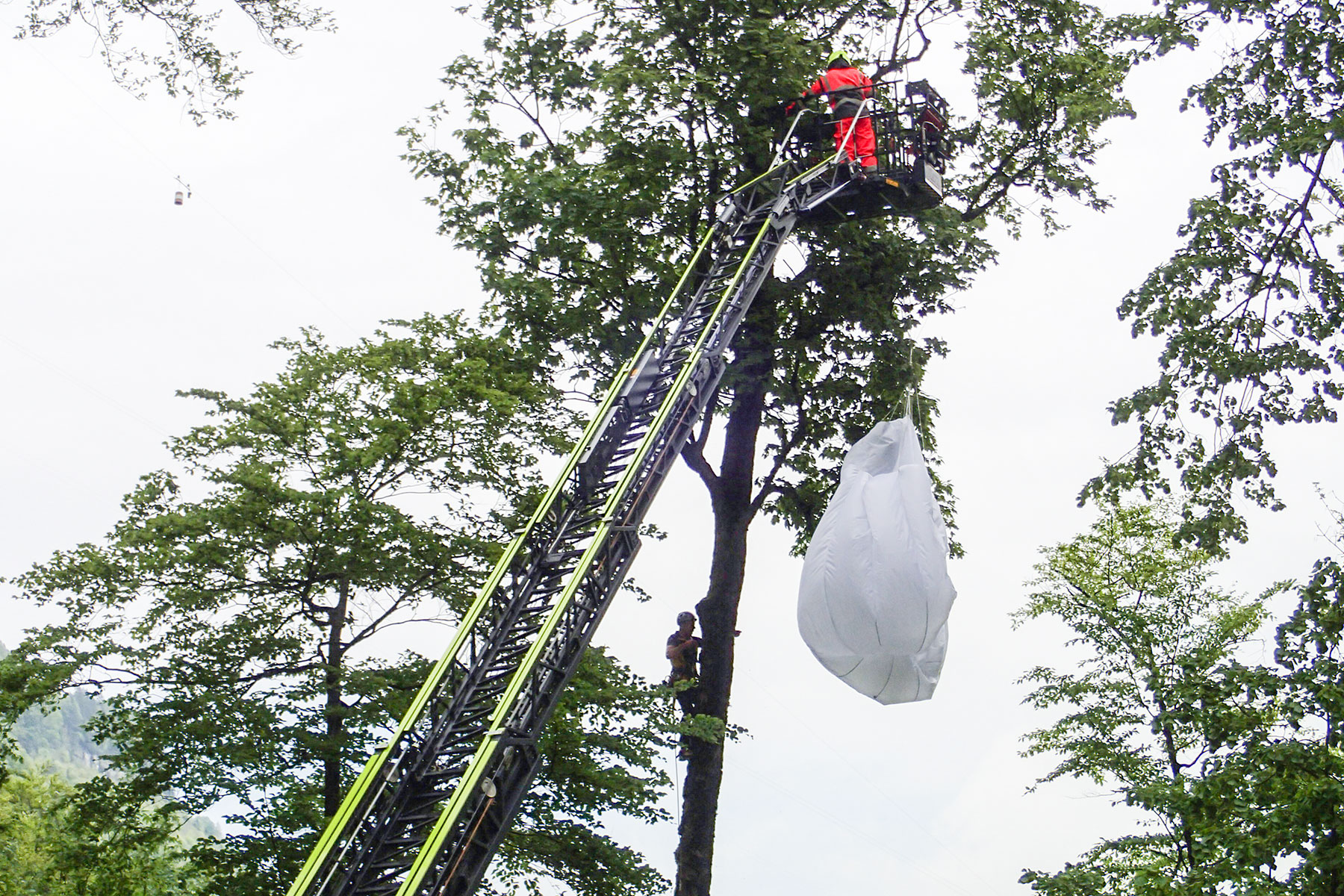 Bei Grafenort rettet die Drehleitergruppe zusammen mit Bergrettern der ARZ einen Gleitschirmpiloten von einem Baum.