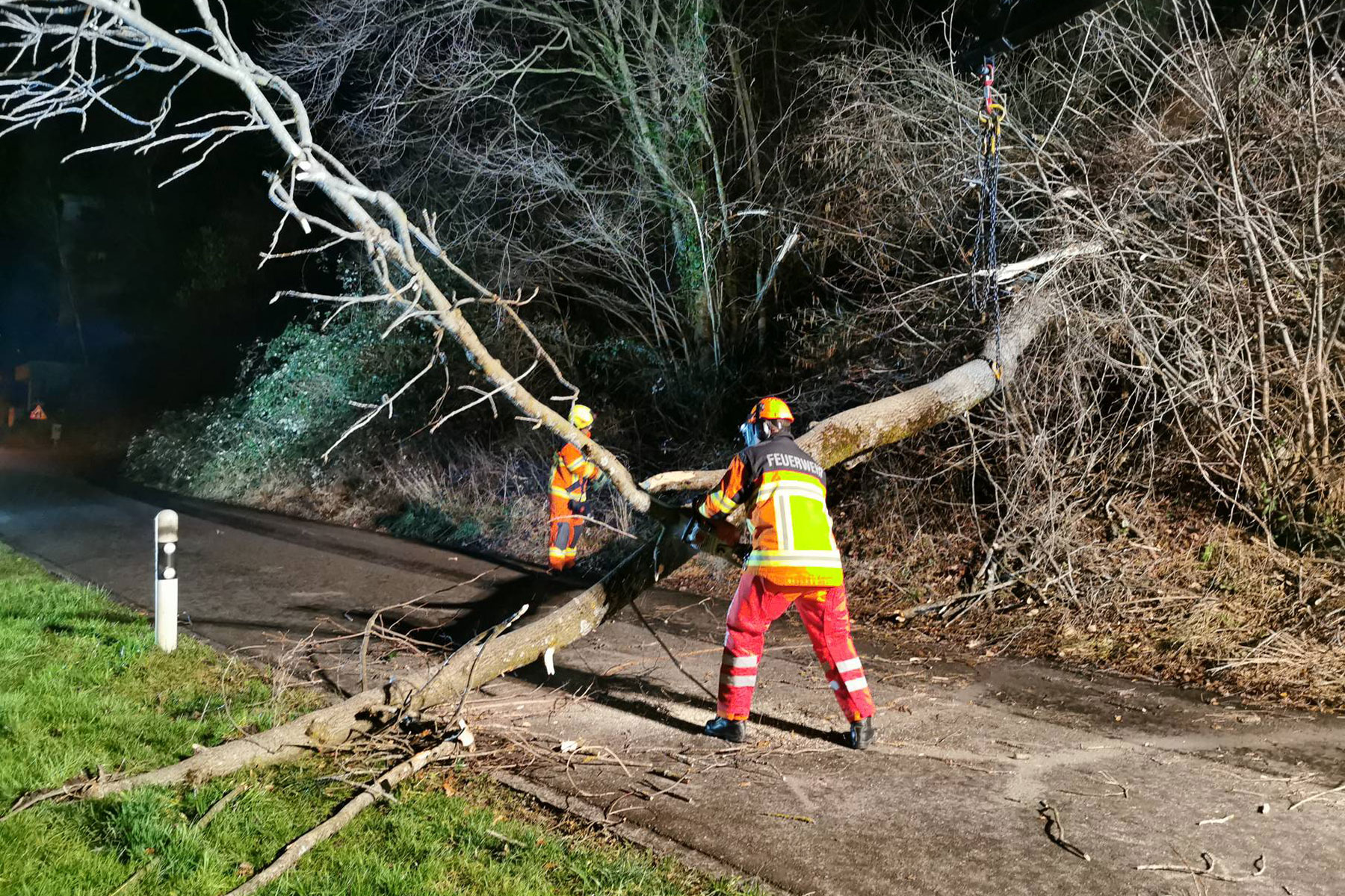 Das Ersteinsatzelement 1 räumt an der Rotzhalde einen Baum von der Strasse.