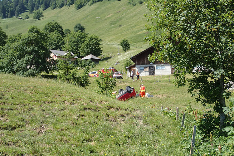 Auf der Beckenrieder Alp Alpelen ist ein Auto verunfallt. Es braucht Ölwehrmassnahmen und das Auto muss geborgen werden.
