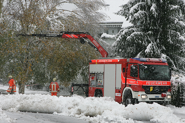 Nach einem frühen Wintereinbruch schüttelt die Feuerwehr den Schnee von den Bäumen.