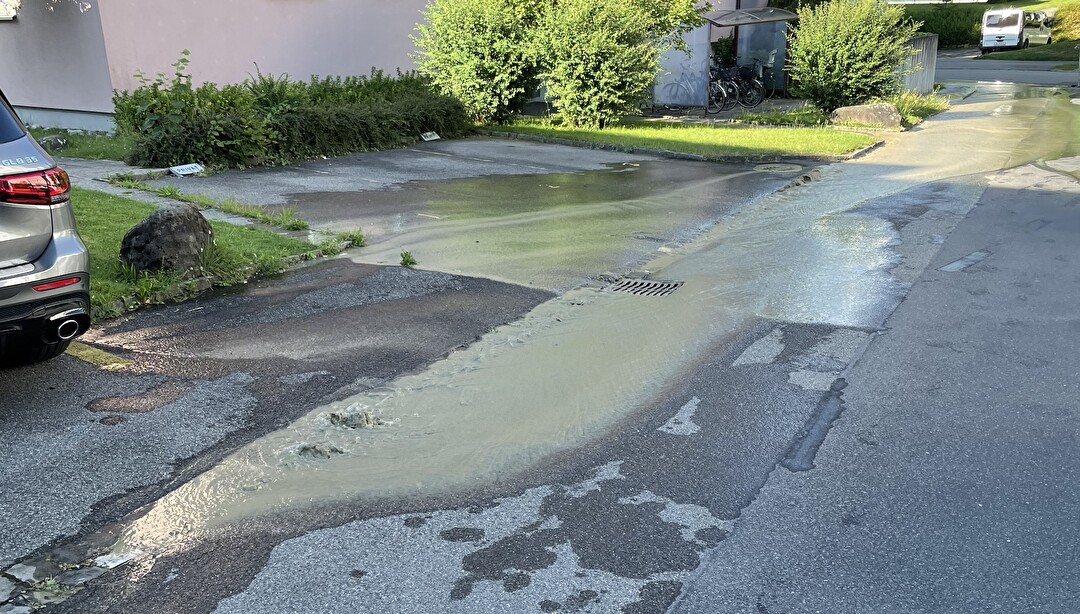 Austretendes Wasser bei einem Wasserleitungsbruch bei der Goldermatten im Jahr 2021