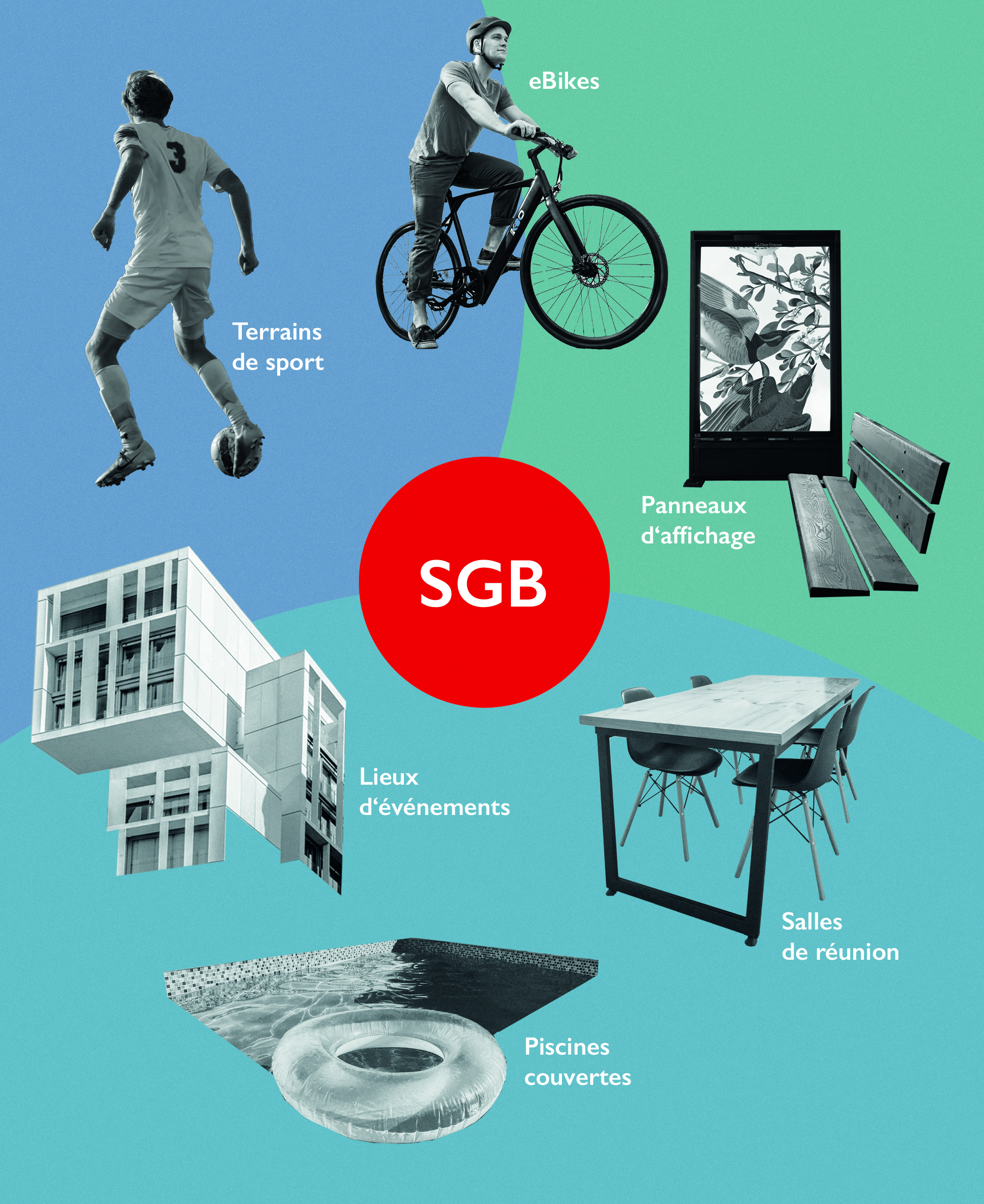 Illustration des champs d'application du SGB : Image d'un footballeur (champ d'application Location de terrains de sport), Image d'un cycliste (champ d'application Location de vélos électriques), Image d'un panneau d'affichage (champ d'application Location de panneaux d'affichage), Image d'une table de réunion (champ d'application Location de salles de réunion), Image d'un anneau de natation sur l'eau (champ d'application Location de couloirs de nage dans les piscines couvertes), Image d'un lieu d'événement (champ d'application Location de lieux d'événement)