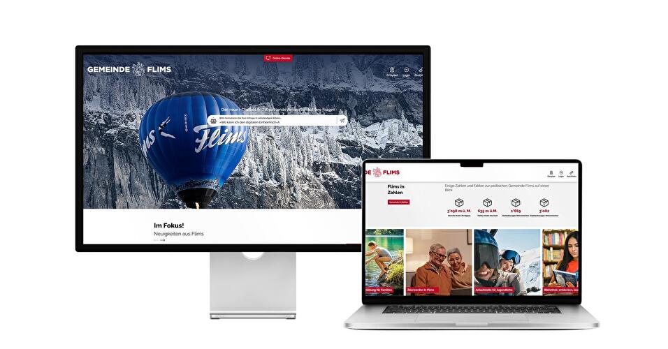Desktop- und Tablet-Ansicht Webauftritt Gemeinde Flims