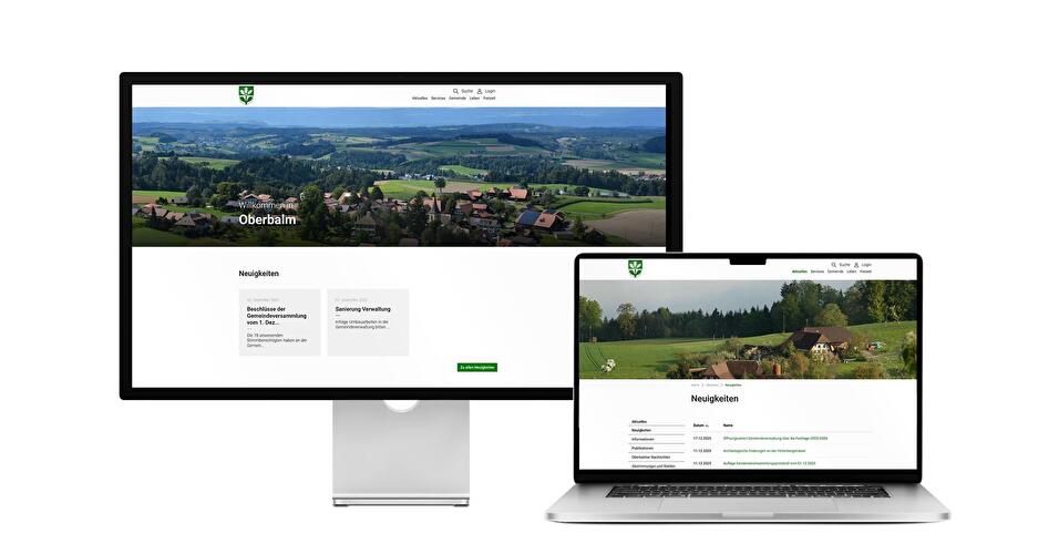 Desktop- und Tablet-Ansicht Webauftritt Gemeinde Oberbalm