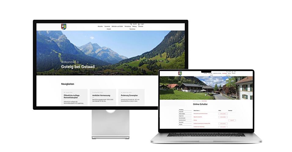 Desktop- und Tablet-Ansicht Webauftritt Gemeinde Gsteig bei Gstaad