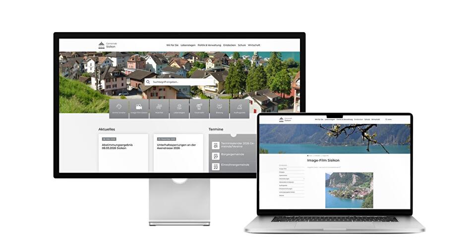 Desktop- und Tablet-Ansicht Webauftritt Gemeinde Sisikon