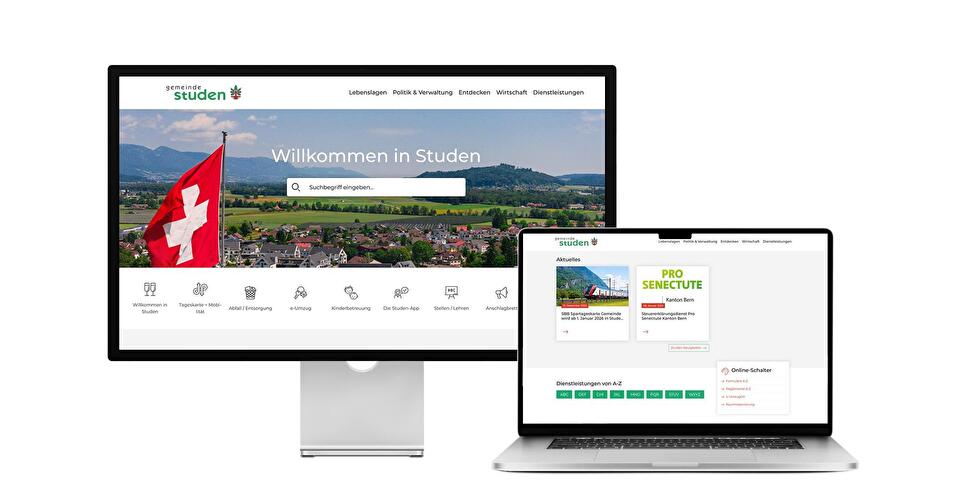 Desktop- und Tablet-Ansicht Webauftritt Gemeinde Studen
